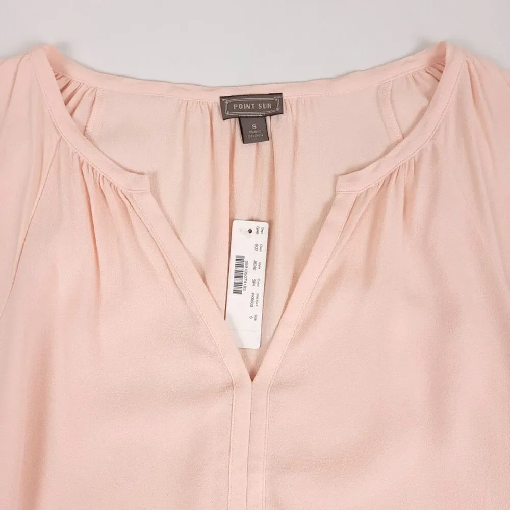 NWT J Crew Point Sur Drapey Open V Neck Top Ruched Sleeve Blouse Pink Small
